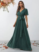 Solid V Neck Butterfly Sleeve Glitter Belted Dress - Elonnashop